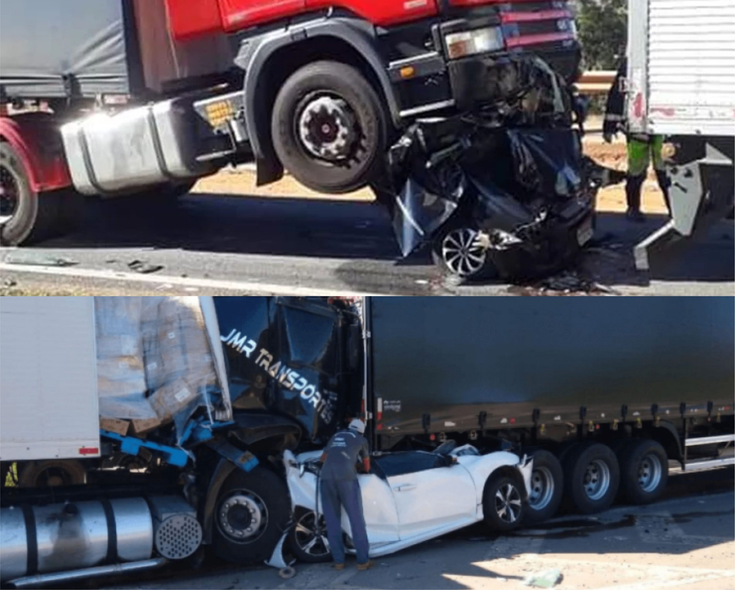 TRAGÉDIA: Dois morrem em acidente com carro prensado por carretas no Sul de Minas